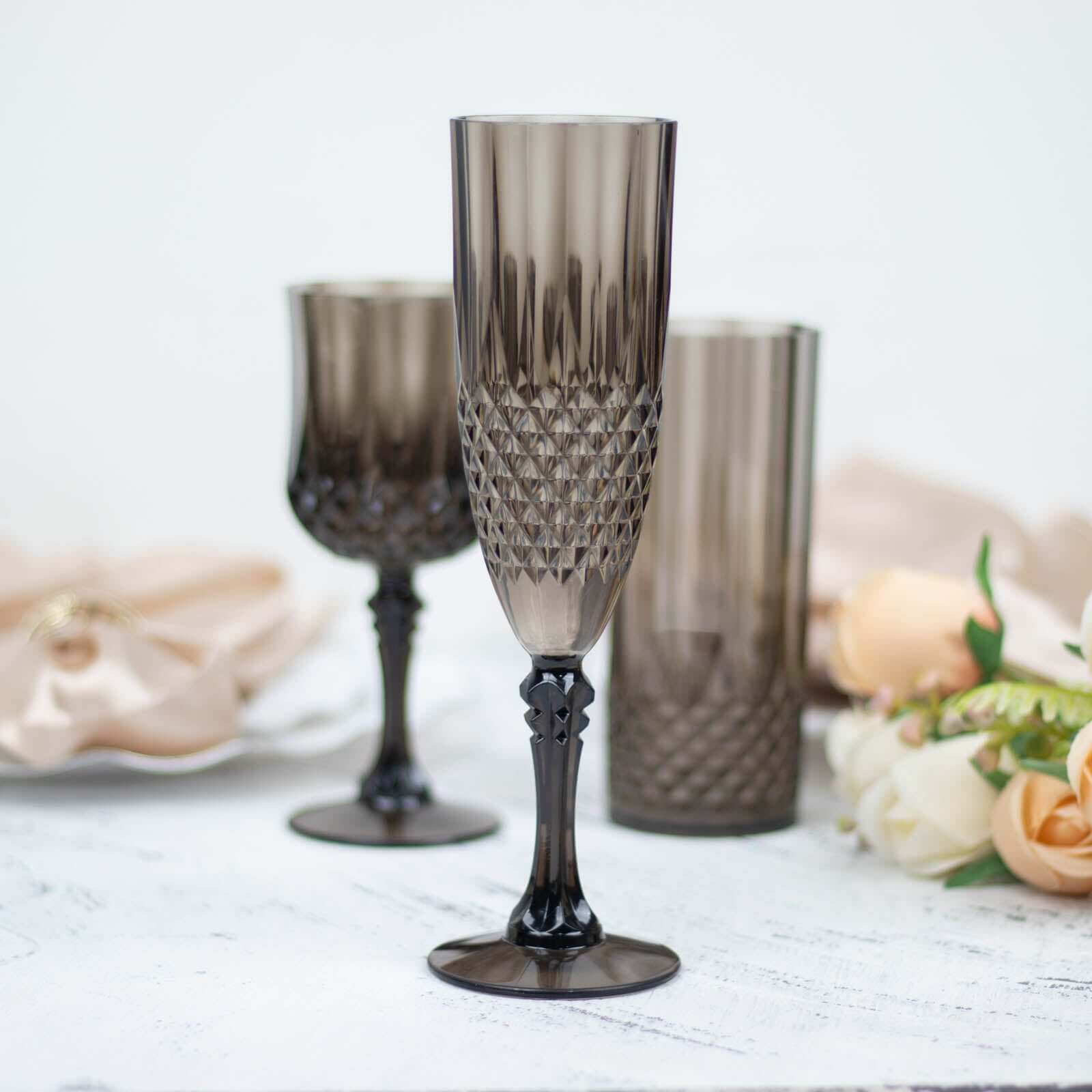 6-Pack Transparent Plastic Champagne Glasses 8oz, Crystal Cut Style Black - Shatterproof Wedding Toast Flutes - Pack of 6 Glasses